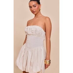 PrettyLittleThing Linen Blend Strapless Mini Dress Bubble Hem Ruched Beige Sz 0